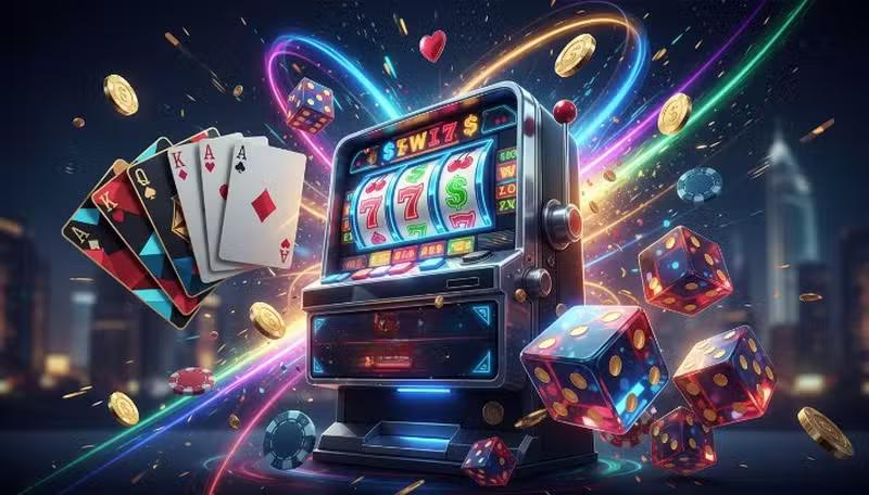 Máquina tragamonedas, cartas y dados representando juegos de casino