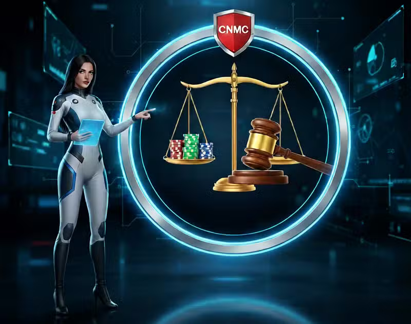 Alerta de la CNMC con balanza y fichas de casino