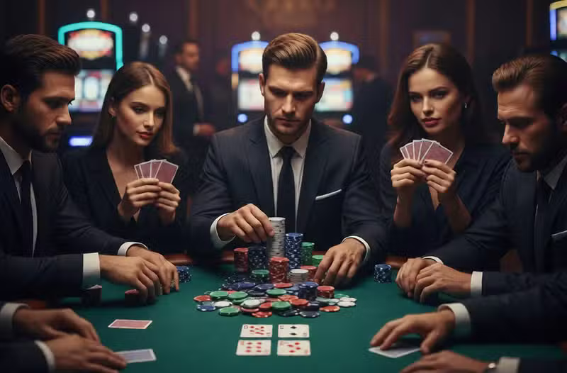mesa de póker con jugadores y fichas
