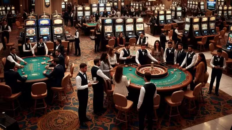 interior de un casino físico con mesas y tragamonedas