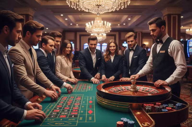 mesa de ruleta con fichas y crupier