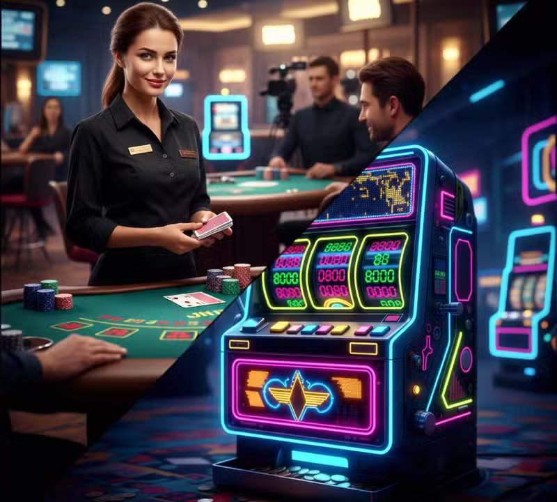 Juego de casino con crupier en vivo y tragamonedas digital